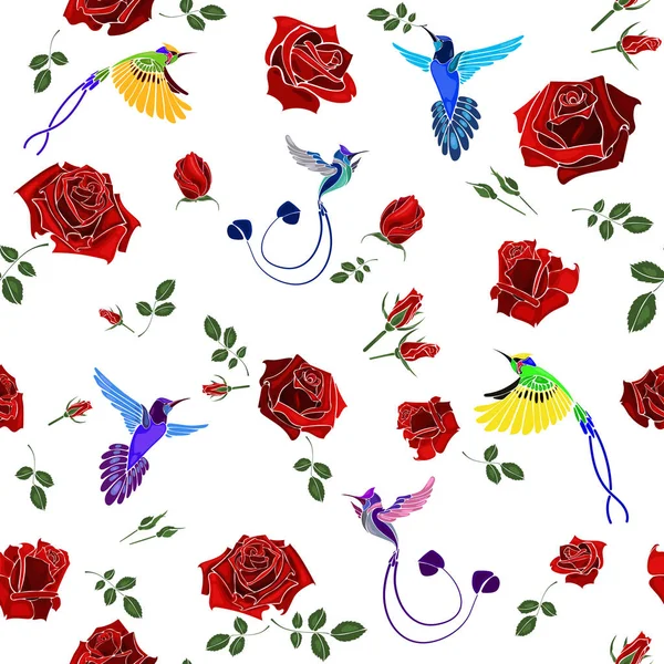 白い背景のベクトル図にカラフルなバラの花とエキゾチックなコリブリ鳥 — ストックベクタ