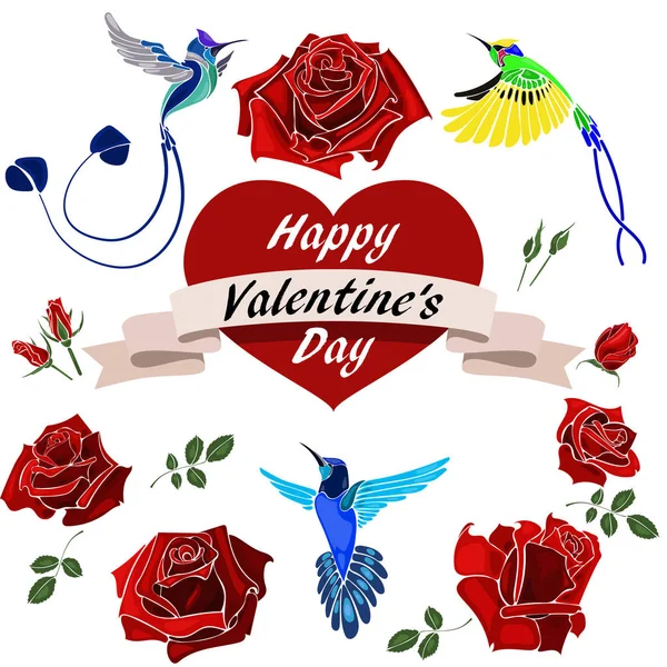 Tarjeta San Valentín con corazones, pájaros y flores rosas — Vector de stock