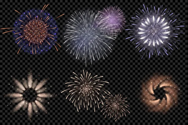 Conjunto de fogos de artifício vetoriais isolados em fundo transparente — Vetor de Stock