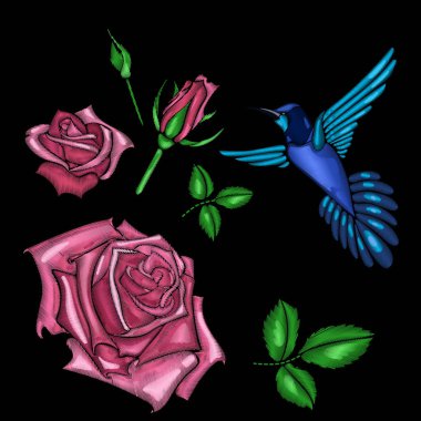 kırmızı gül ve kuş nakış