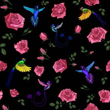 Gül çiçek beyaz arka plan vektör çizim üzerinde renkli egzotik colibri kuş