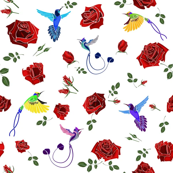 Exotiska colibri fåglar med ros blommor färgglada på vit bakgrund vektorillustration — Stock vektor