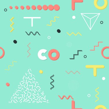 Trendy geometrik öğeleri memphis kartları, seamless modeli. Retro tarzı doku. Modern soyut tasarım poster, kapak, kart