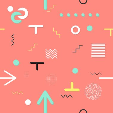 Trendy geometrik öğeleri memphis kartları, seamless modeli. Retro tarzı doku. Modern soyut tasarım poster, kapak, kart