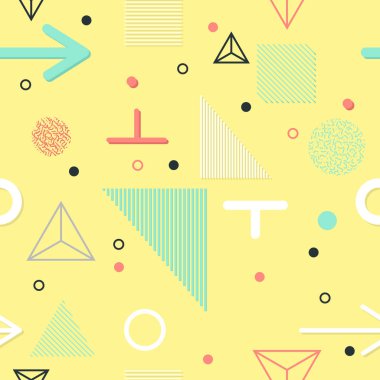 Trendy geometrik öğeleri memphis kartları, seamless modeli. Retro tarzı doku. Modern soyut tasarım poster, kapak, kart