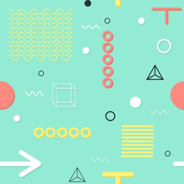 Trendy geometrik öğeleri memphis kartları, seamless modeli. Retro tarzı doku. Modern soyut tasarım poster, kapak, kart