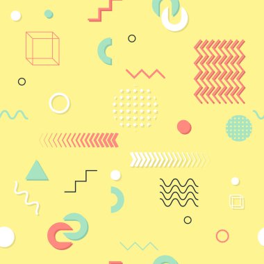 Trendy geometrik öğeleri memphis kartları, seamless modeli. Retro tarzı doku. Modern soyut tasarım poster, kapak, kart