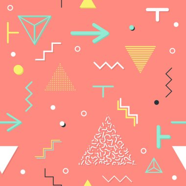 Trendy geometrik öğeleri memphis kartları, seamless modeli. Retro tarzı doku. Modern soyut tasarım poster, kapak, kart