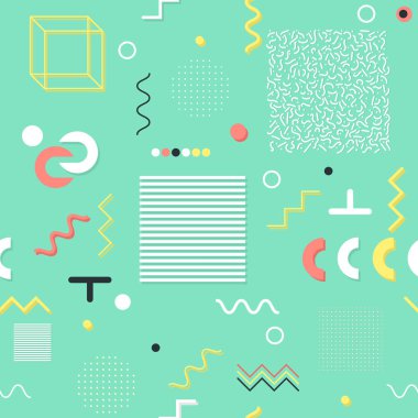 Trendy geometrik öğeleri memphis kartları, seamless modeli. Retro tarzı doku. Modern soyut tasarım poster, kapak, kart