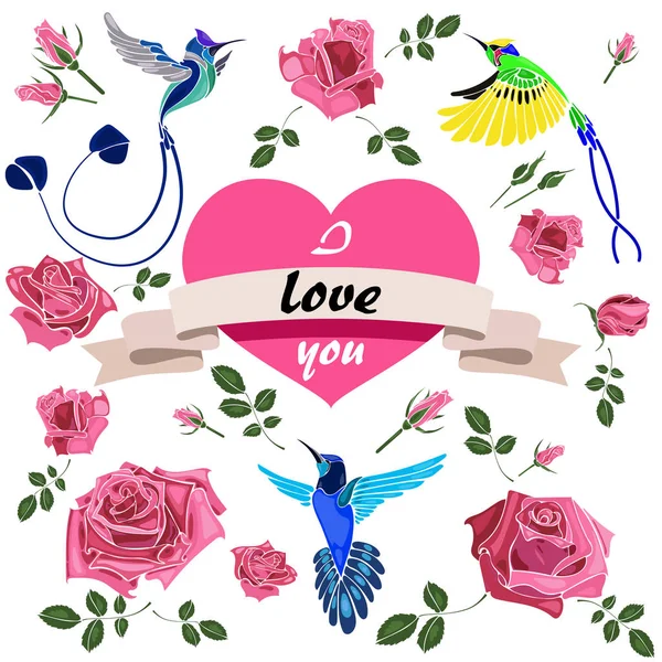 День Святого Валентина с сердцами, птицами и цветами розы — стоковый вектор
