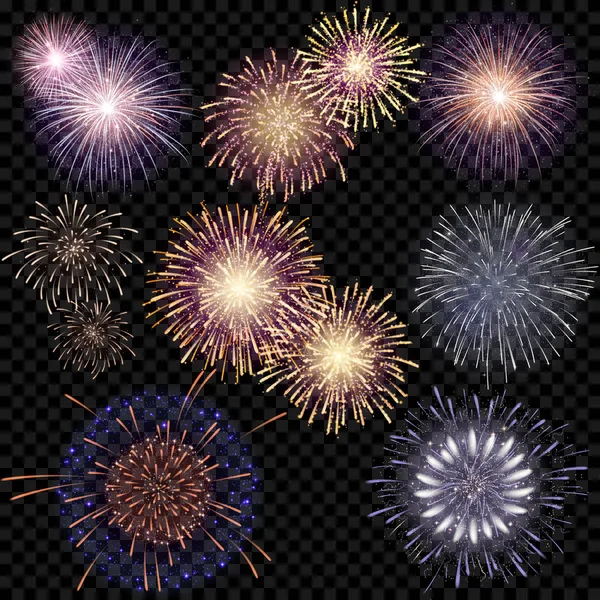 Saydam bir arka plan üzerinde izole vektör havai fişek kümesi.