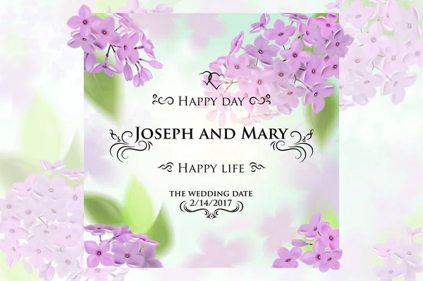 Tarjeta de felicitación con lila, se puede utilizar como tarjeta de invitación para la boda, cumpleaños y otras vacaciones y verano, fondo de primavera. Ilustración vectorial . — Archivo Imágenes Vectoriales