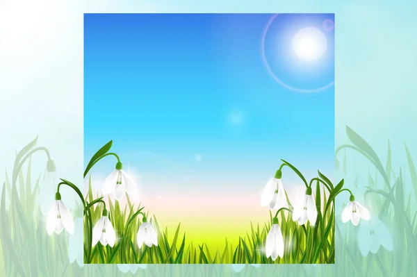 Fondo de primavera con flores nevadas, hierba verde, golondrinas y cielo azul . — Vector de stock