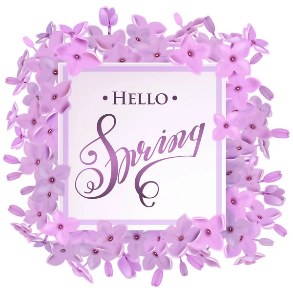 Anuncio sobre la venta de primavera sobre fondo desenfocado con hermosas flores lila. Ilustración vectorial . — Vector de stock
