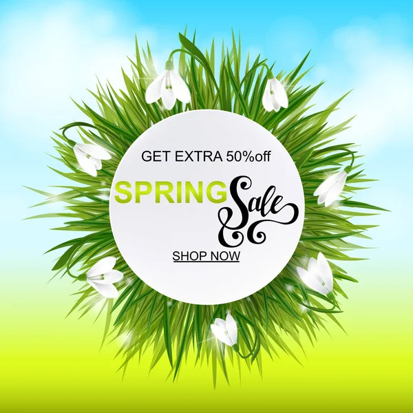 Pubblicità circa la vendita di primavera su sfondo con erba e narcisi narcisi fiori . — Vettoriale Stock