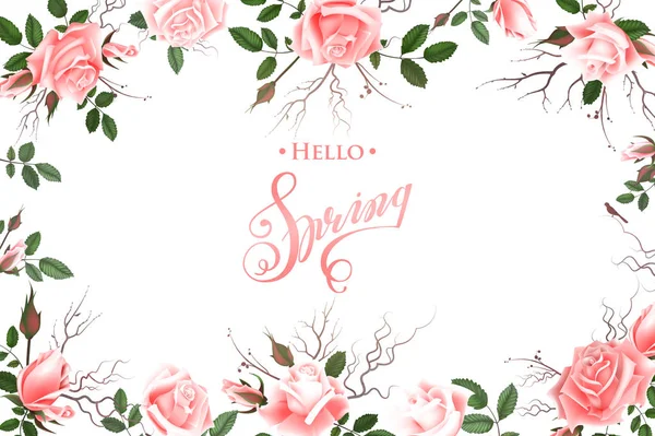 Olá Primavera fundo com rosas. Letras desenhadas à mão — Vetor de Stock