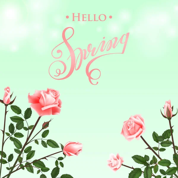 สวัสดี พื้นหลังฤดูใบไม้ผลิกับดอกกุหลาบ ตัวอักษรที่วาดด้วยมือ . — ภาพเวกเตอร์สต็อก