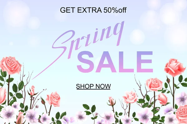 Anúncio sobre a venda de primavera no fundo desfocado com belas rosas. Ilustração vetorial . — Vetor de Stock