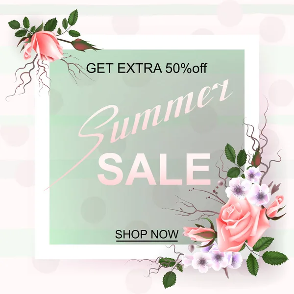 Güzel güller ile reklam ufuk arka plan bahar satışa hakkında. Vektör çizim.