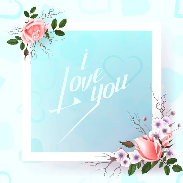 Card with a bouquet of roses and other flowers and hand lettering inscription "i love you" — Stock Vector