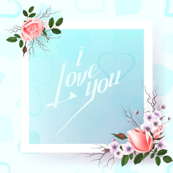 Carte avec un bouquet de roses et autres fleurs et inscription lettrée à la main "je t'aime " — Image vectorielle