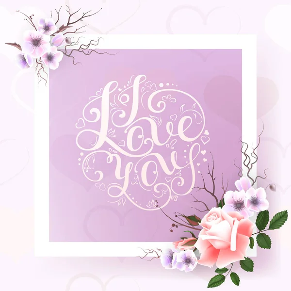 Kort med en bukett av rosor och andra blommor och hand lettering inskriptionen "Jag älskar dig" — Stock vektor