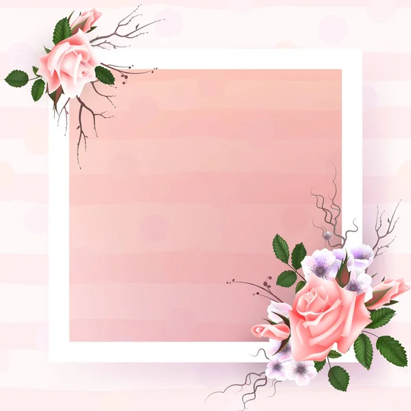 Schöner quadratischer Rahmen mit rosa Rosen und Perlen auf schwarzem Hintergrund für Grußkarte oder Einladungsdesign. — Stockvektor