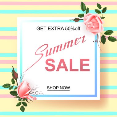 Güzel güller ile reklam ufuk arka plan bahar satışa hakkında. Vektör çizim.