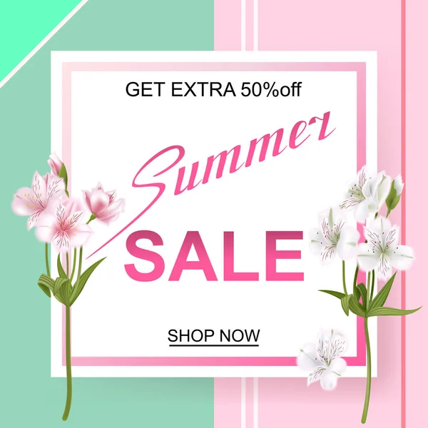 Publicité sur la vente d'été sur fond de fleurs — Image vectorielle