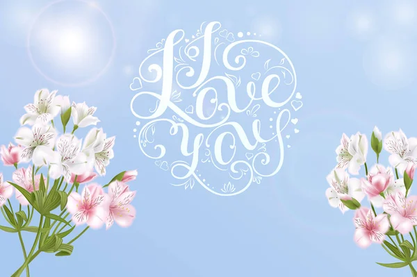 Carte avec un bouquet de roses et autres fleurs et inscription lettrée à la main "je t'aime " — Image vectorielle