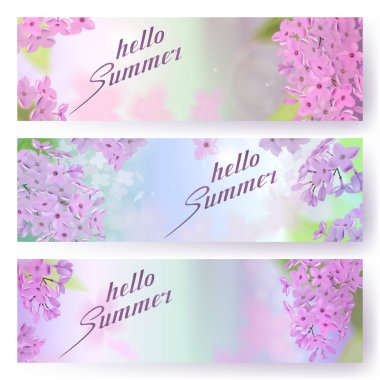 Mor, pembe, mavi ve beyaz leylak çiçekler ile vektör web Bannerlar. Yatay başlık