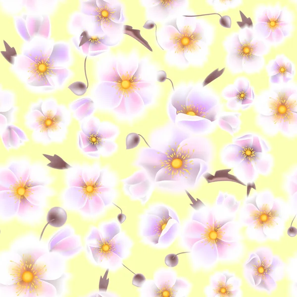 Sömlös mjuka mönster med anemoner, små blommor och bruna kvistar i akvarell vintagestil, vektorillustration. — Stock vektor