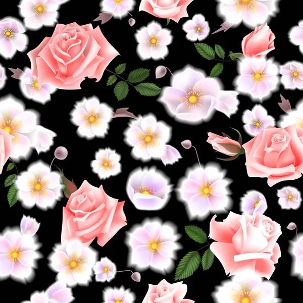 Rose modello senza soluzione di continuità. Un bouquet di fiori delicati e ramoscelli. Illustrazione vettoriale EPS10 — Vettoriale Stock