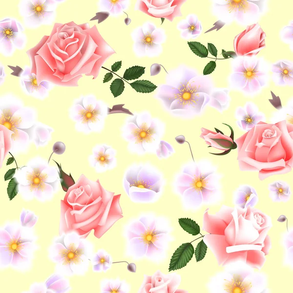 Roses motif sans couture. Un bouquet de fleurs et de brindilles délicates. Illustration vectorielle EPS10 — Image vectorielle