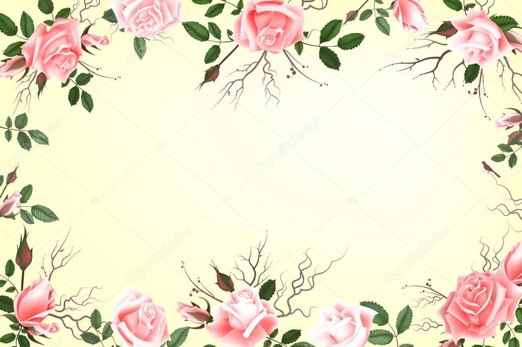 Greeting card with roses, watercolor, can be used as invitation card for wedding, birthday and other holiday and summer background. Vector illustration.