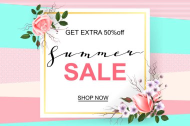 Güzel güller ile reklam ufuk arka plan bahar satışa hakkında. Vektör çizim.