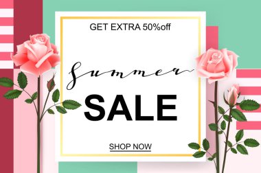 Güzel güller ile reklam ufuk arka plan bahar satışa hakkında. Vektör çizim.