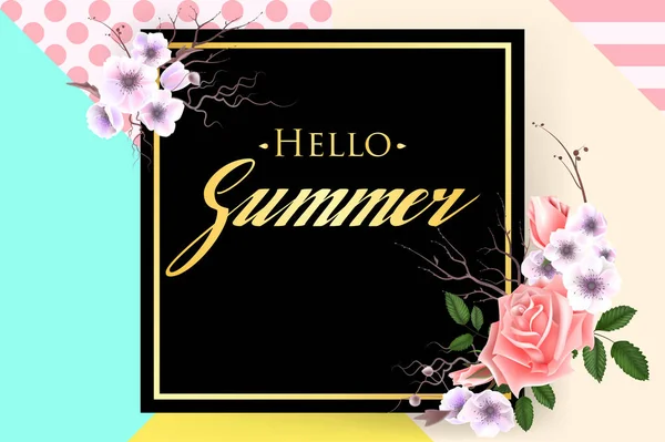 Summer background with roses flowers, Lettering "Hello Summer" — Stock Vector