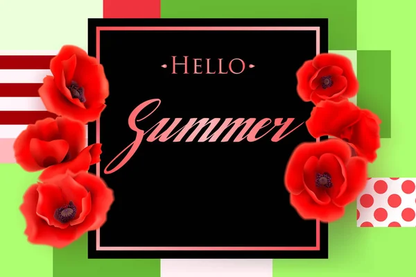 夏季背景与罂粟花朵刻字"你好夏天" — 图库矢量图片