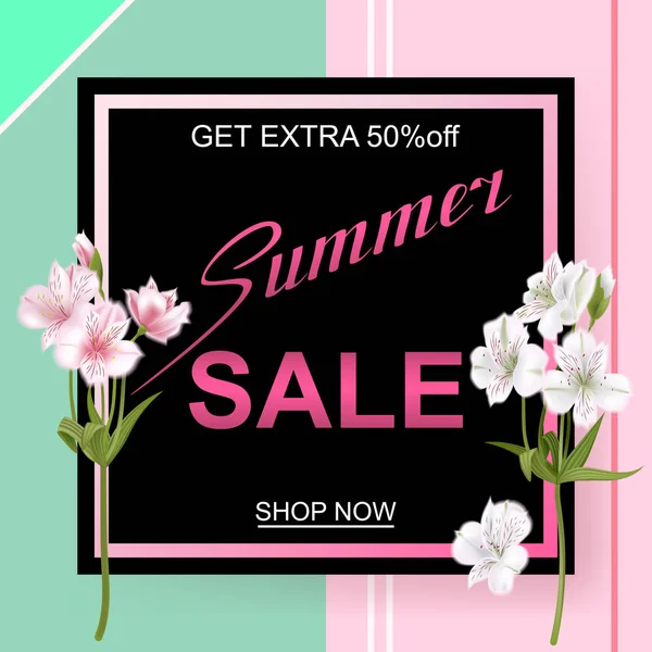 Anuncio sobre la venta de verano en el fondo con flores — Vector de stock