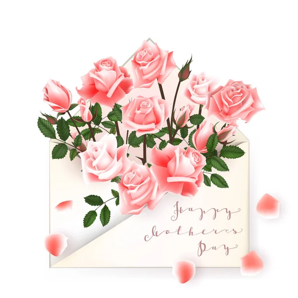 Joyeux lettrage de la fête des mères. Carte de souhaits de la fête des mères avec Roses Fleurs. Illustration vectorielle — Image vectorielle