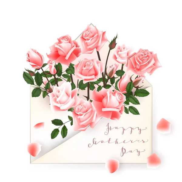 Glückliche Muttertagsbeschriftung. Muttertagsgrußkarte mit Rosen Blumen. Vektorillustration — Stockvektor