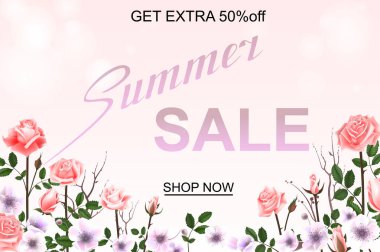 Güzel güller ile reklam ufuk arka plan yaz satışa hakkında. Vektör çizim.