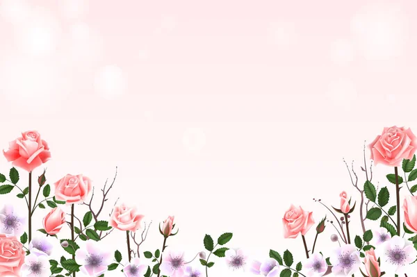 Wenskaart met rozen, delicate knoppen, bloemen, takken. Kan worden gebruikt als uitnodigingskaart voor bruiloft, verjaardag en andere vakantie en zomer achtergrond. Vectorillustratie Eps10 — Stockvector