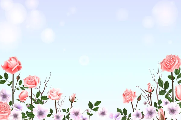 Cartão de saudação com rosas, botões delicados, flores, ramos. Pode ser usado como cartão de convite para casamento, aniversário e outras férias e fundo de verão. Ilustração vetorial EPS10 — Vetor de Stock