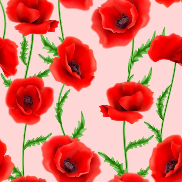 红色罂粟花的无缝图案 — 图库矢量图片