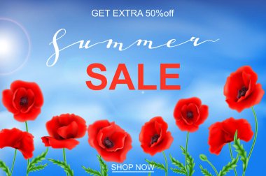 Güzel güller ile reklam ufuk arka plan bahar satışa hakkında. Vektör çizim.