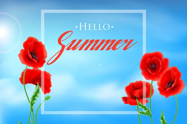 Zomer achtergrond met papavers bloemen, belettering "Hello Summer" — Stockvector