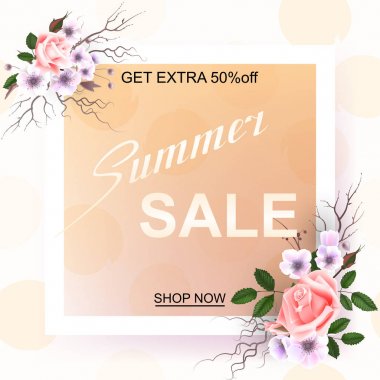 Güzel güller ile reklam ufuk arka plan yaz satışa hakkında. Vektör çizim.