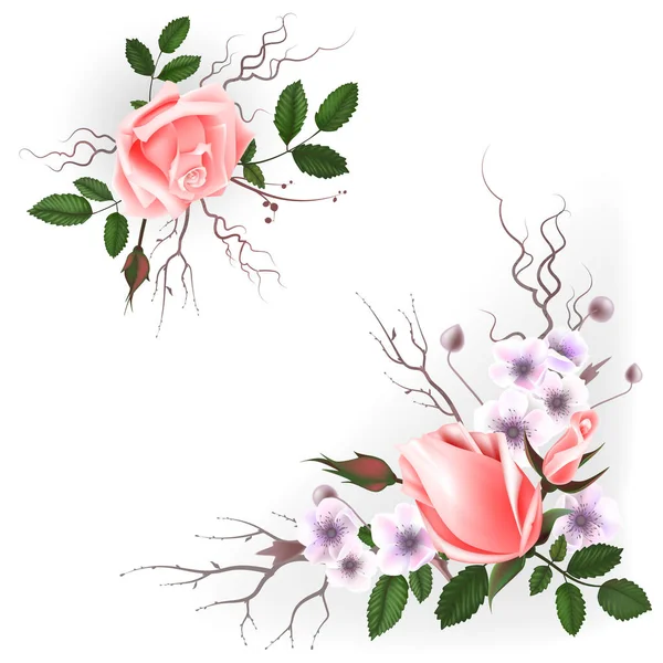 Букет розовых роз, может быть использован в качестве поздравительной открытки, пригласительной открытки на свадьбу, день рождения и другие праздники и весна, летний фон. Векторная иллюстрация EPS10 . — стоковый вектор